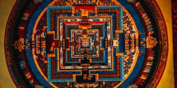 brown and green round area rug