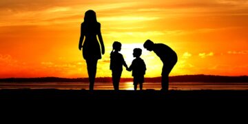 sunset, family, silhouette